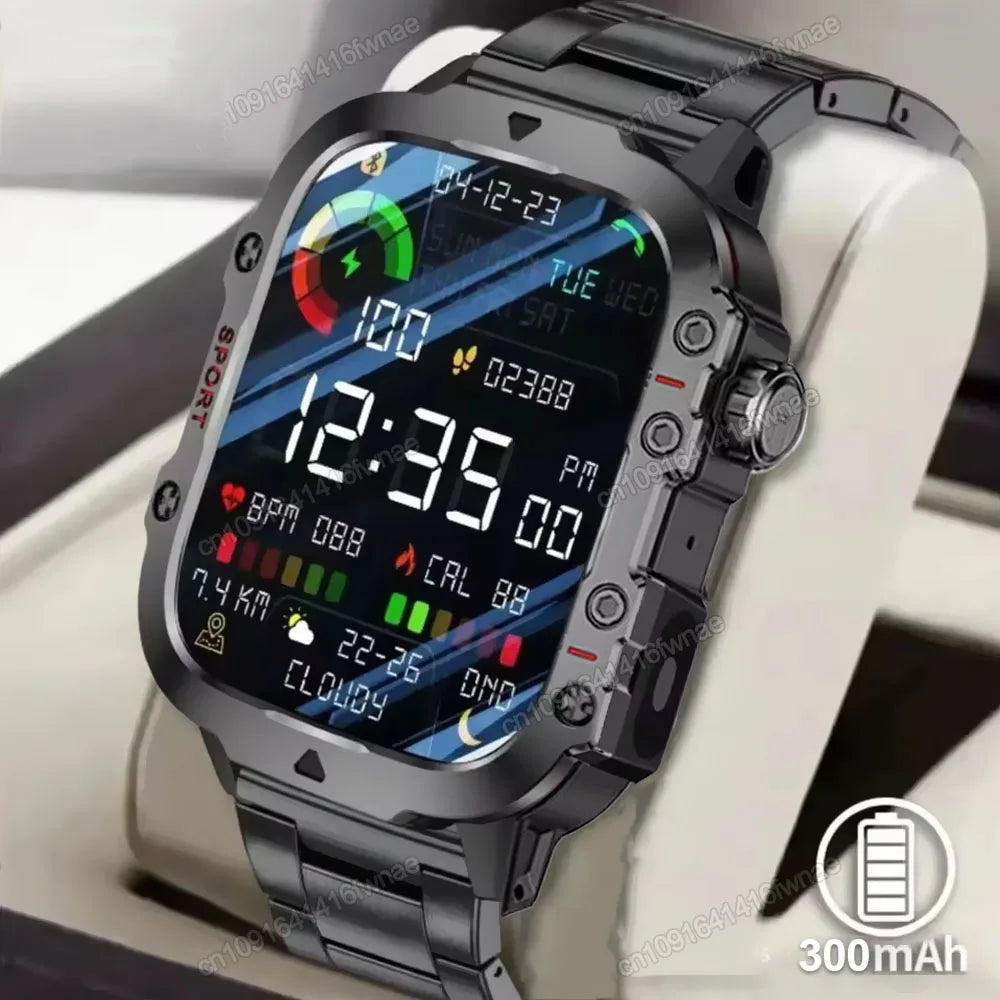 2026 Rugged Military Smart Watch Men's Outdoor Watch LED Flashlight 2.01'' HD Touch Screen Voice Bluetooth Call Smartwatch Gifts