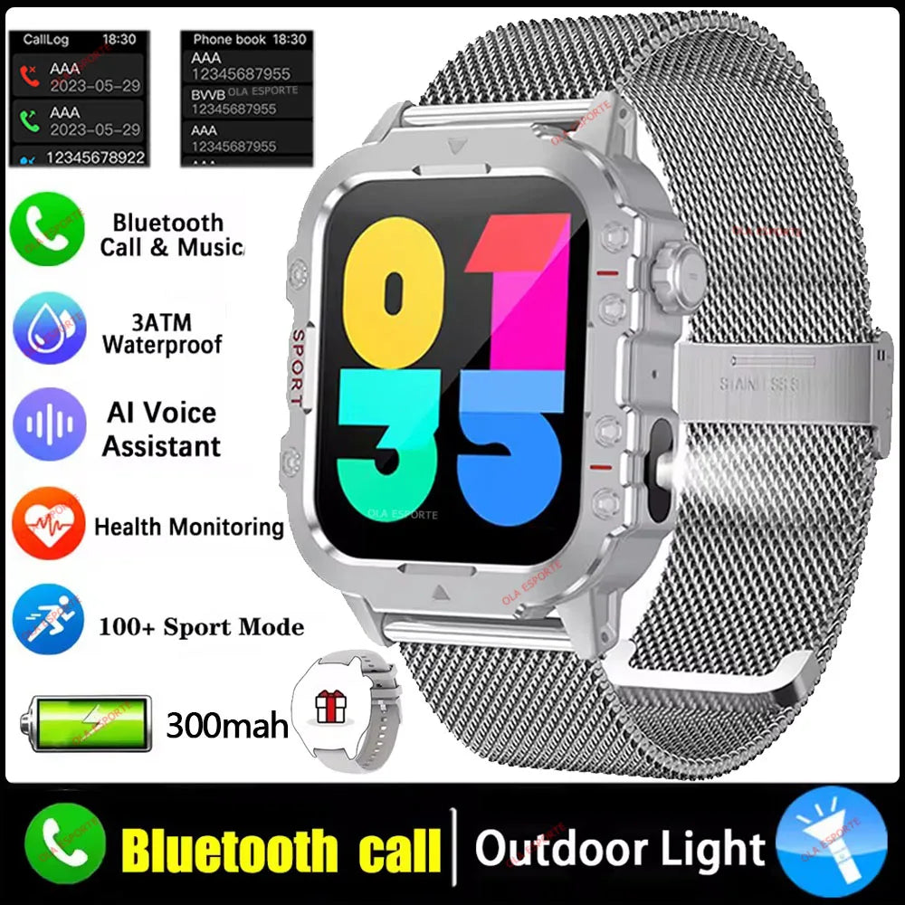 2026 Rugged Military Smart Watch Men's Outdoor Watch LED Flashlight 2.01'' HD Touch Screen Voice Bluetooth Call Smartwatch Gifts