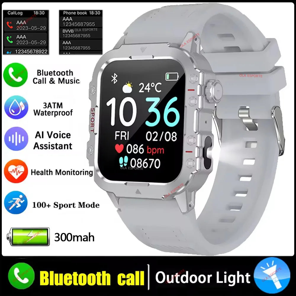 2026 Rugged Military Smart Watch Men's Outdoor Watch LED Flashlight 2.01'' HD Touch Screen Voice Bluetooth Call Smartwatch Gifts