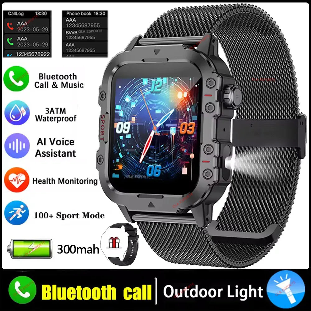2026 Rugged Military Smart Watch Men's Outdoor Watch LED Flashlight 2.01'' HD Touch Screen Voice Bluetooth Call Smartwatch Gifts