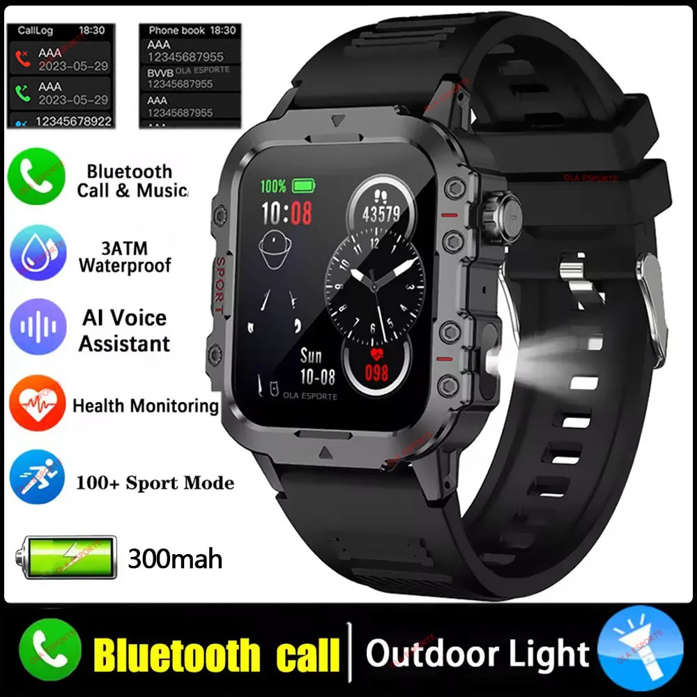 2026 Rugged Military Smart Watch Men's Outdoor Watch LED Flashlight 2.01'' HD Touch Screen Voice Bluetooth Call Smartwatch Gifts