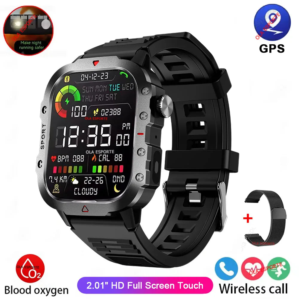 2026 Rugged Military Smart Watch Men's Outdoor Watch LED Flashlight 2.01'' HD Touch Screen Voice Bluetooth Call Smartwatch Gifts
