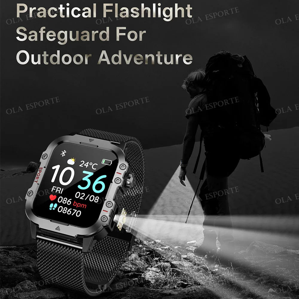 2026 Rugged Military Smart Watch Men's Outdoor Watch LED Flashlight 2.01'' HD Touch Screen Voice Bluetooth Call Smartwatch Gifts