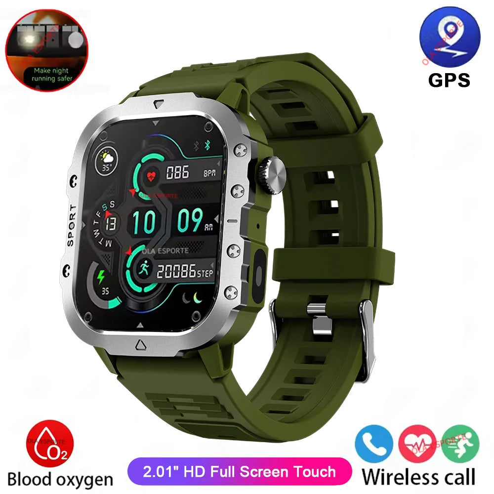 2026 Rugged Military Smart Watch Men's Outdoor Watch LED Flashlight 2.01'' HD Touch Screen Voice Bluetooth Call Smartwatch Gifts