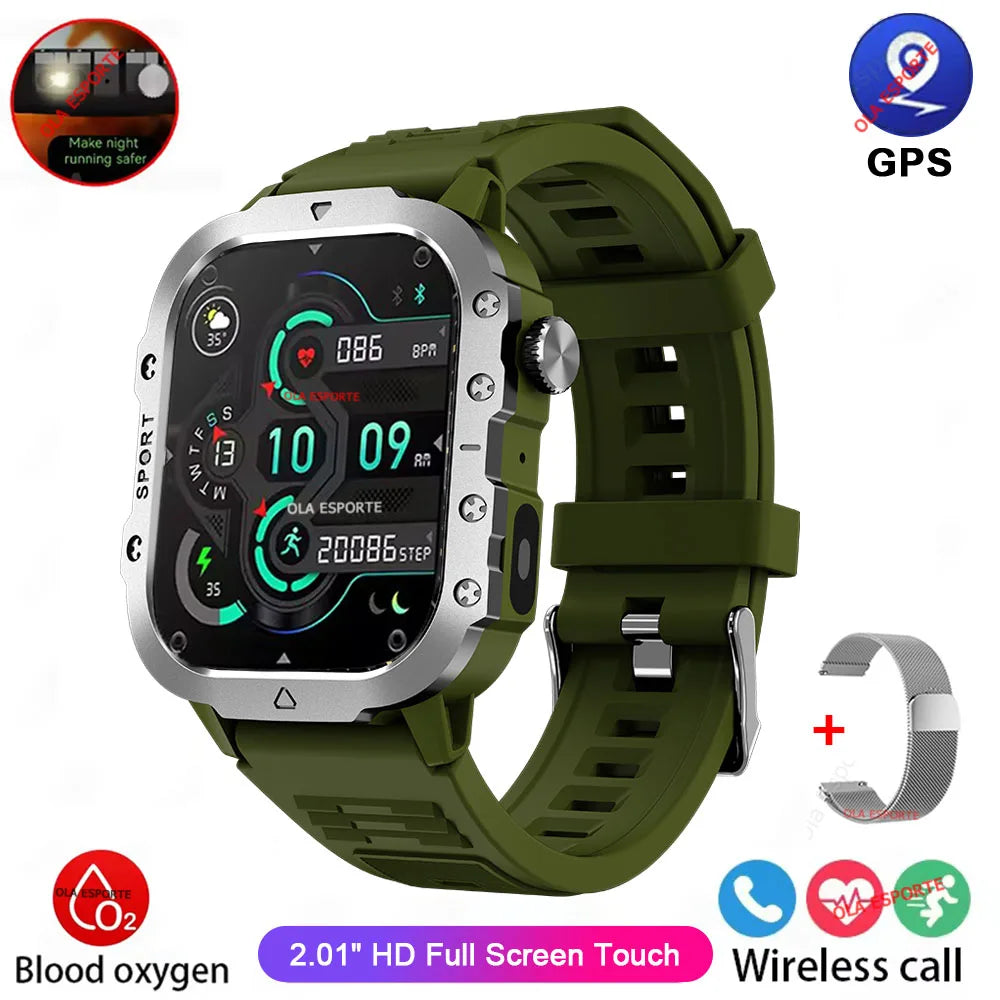 2026 Rugged Military Smart Watch Men's Outdoor Watch LED Flashlight 2.01'' HD Touch Screen Voice Bluetooth Call Smartwatch Gifts