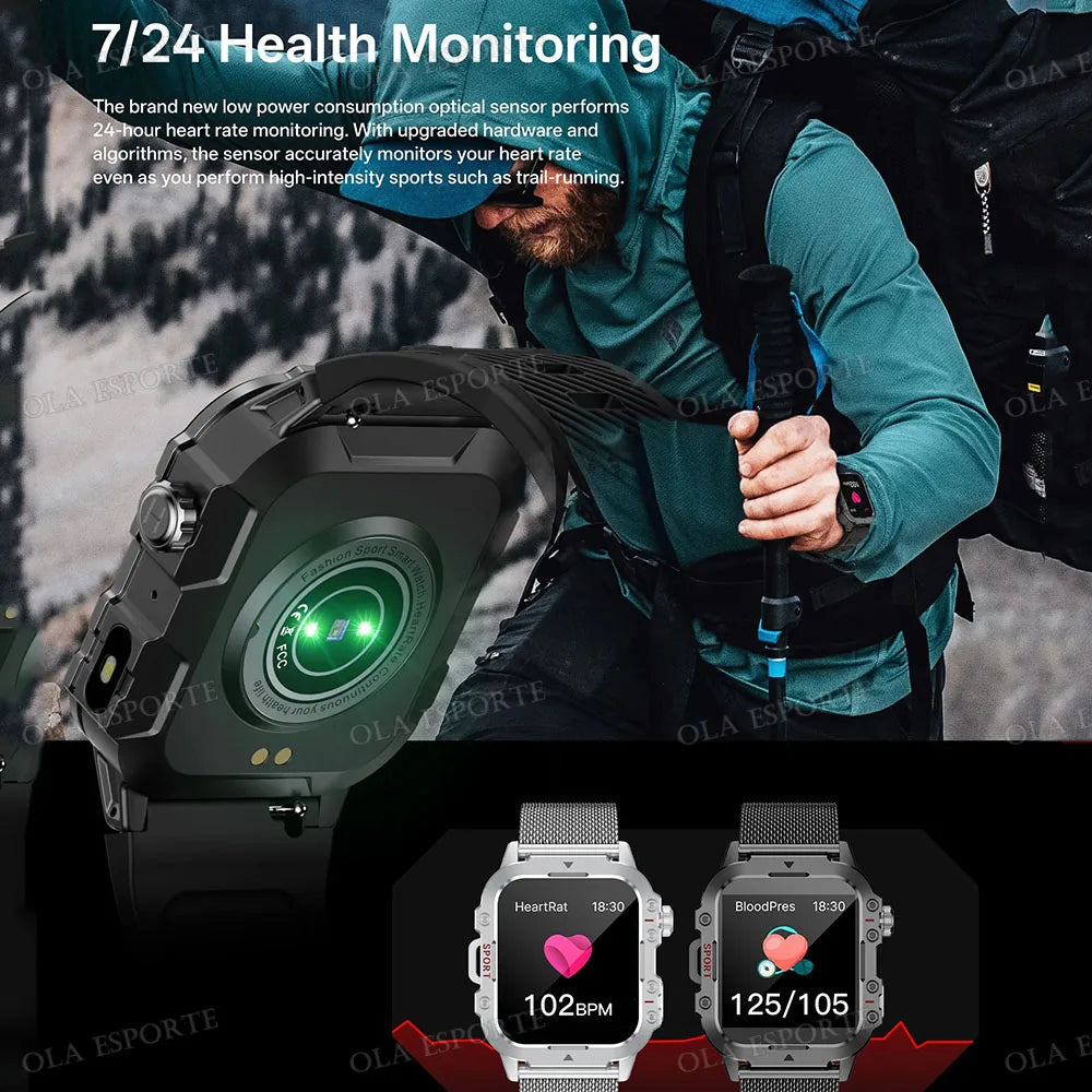 2026 Rugged Military Smart Watch Men's Outdoor Watch LED Flashlight 2.01'' HD Touch Screen Voice Bluetooth Call Smartwatch Gifts