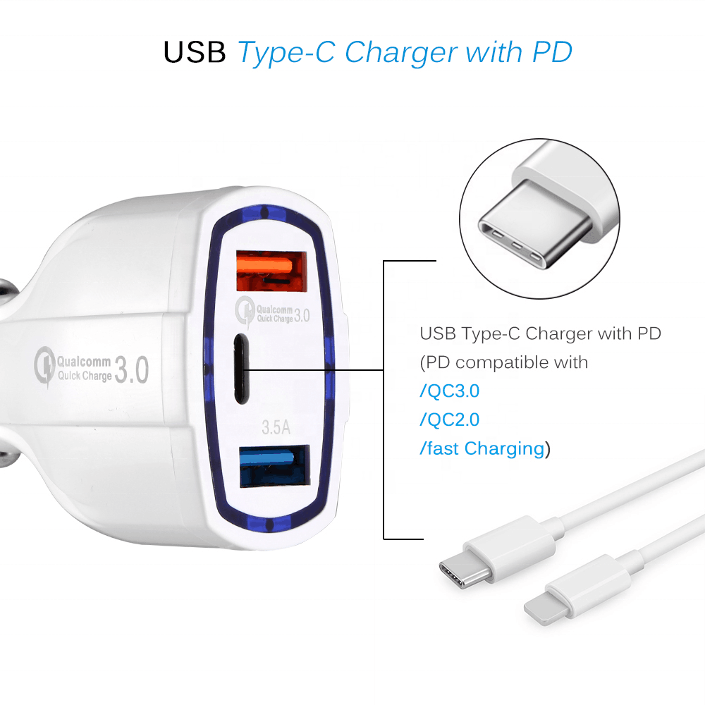 Qc 3.0 Type-c Fast Quick Car Charger Adapter Dual Usb For Iphone Car Charger Adapte